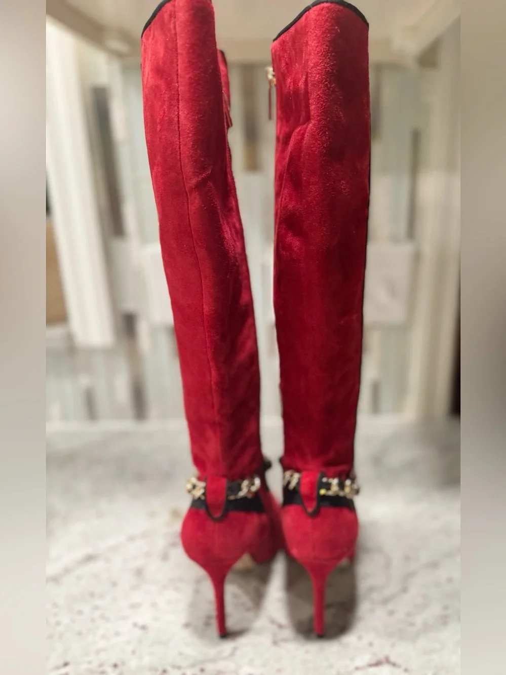 Karl Lagerfeld Maryam Red Suede Knee High Boots with Chain Trim